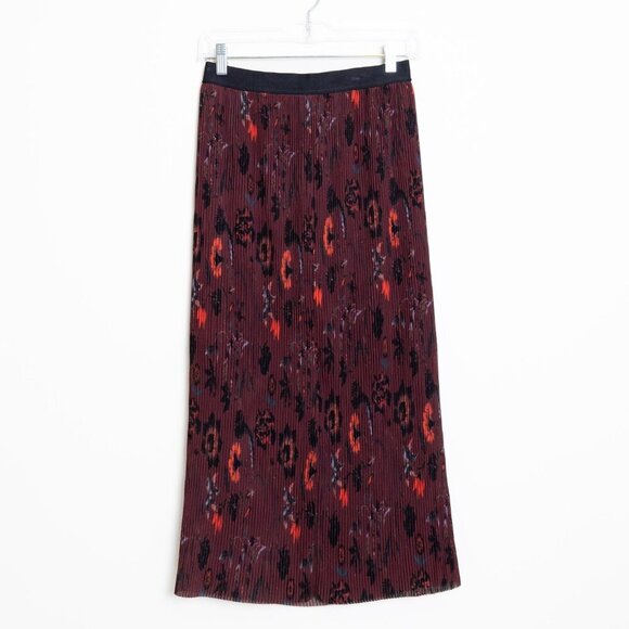 Sandro Pleated Midi Skirt Floral Burgundy Size 1 - Picture 2 of 16